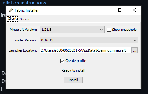 วิธีการลงม็อด, Fabric 1.21.5
